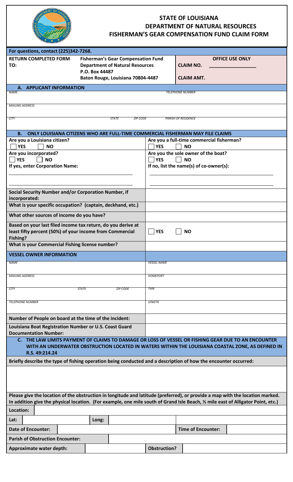 Fishermans Gear Compensation Fund Claim Form - Louisiana, Page 1