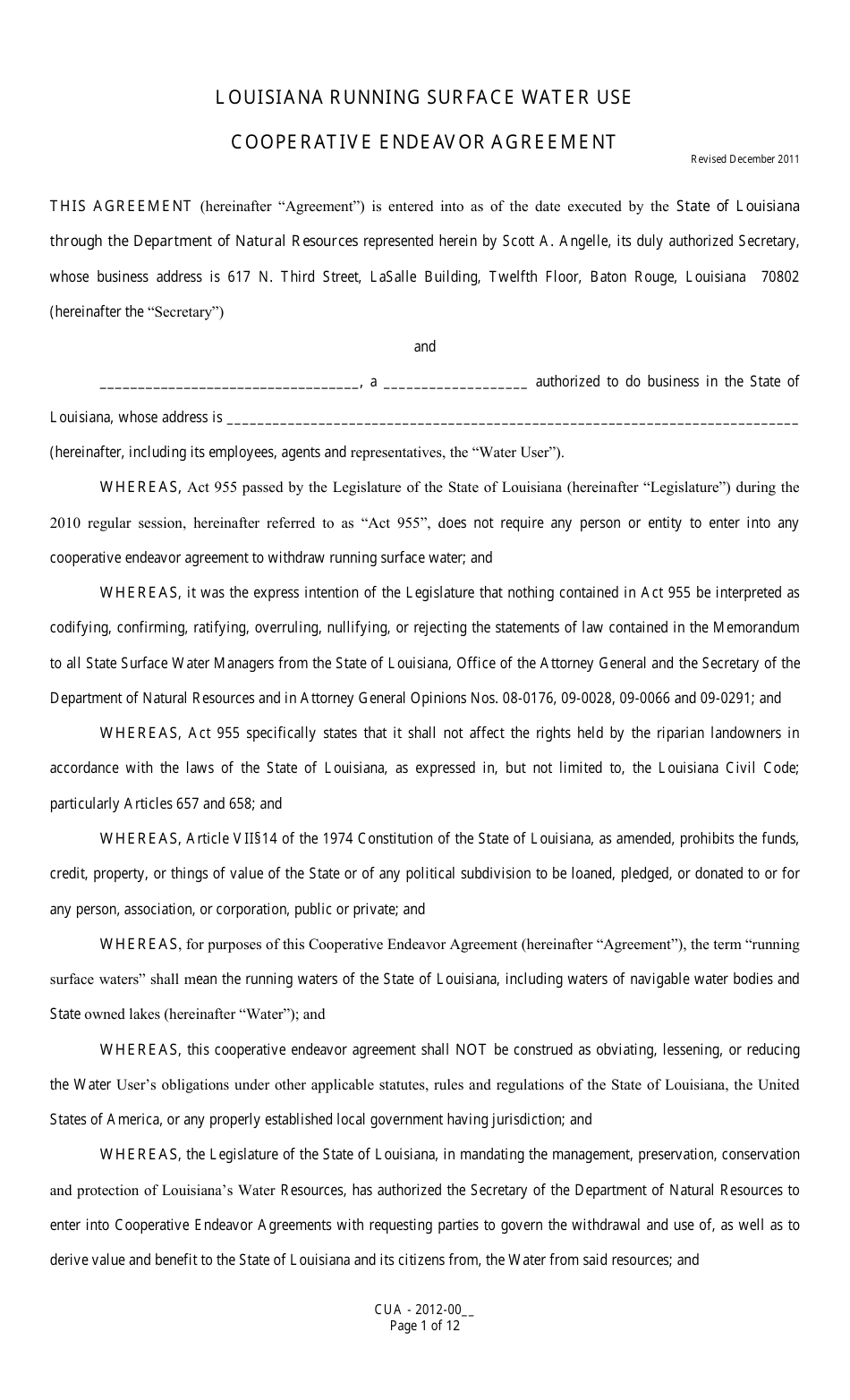 Louisiana Running Surface Water Use Cooperative Endeavor Agreement - Louisiana, Page 1