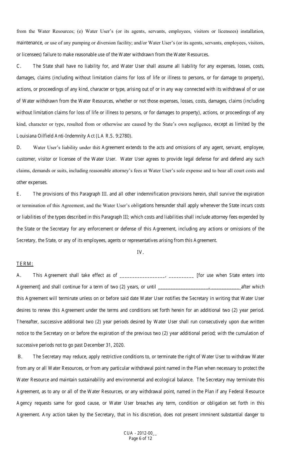 Louisiana Running Surface Water Use Cooperative Endeavor Agreement - Louisiana, Page 6