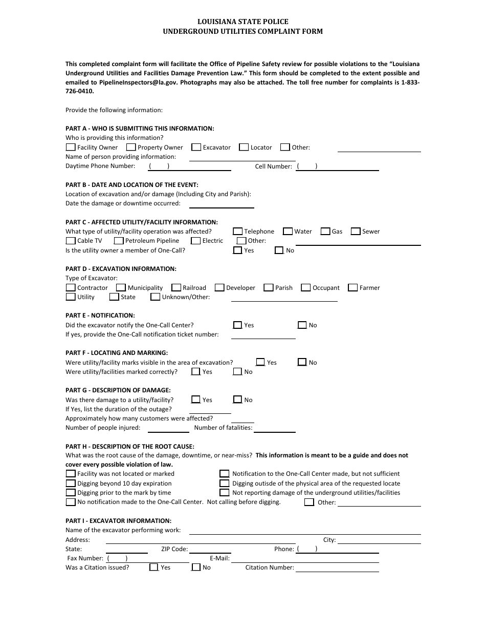 Underground Utilities Complaint Form - Louisiana, Page 1
