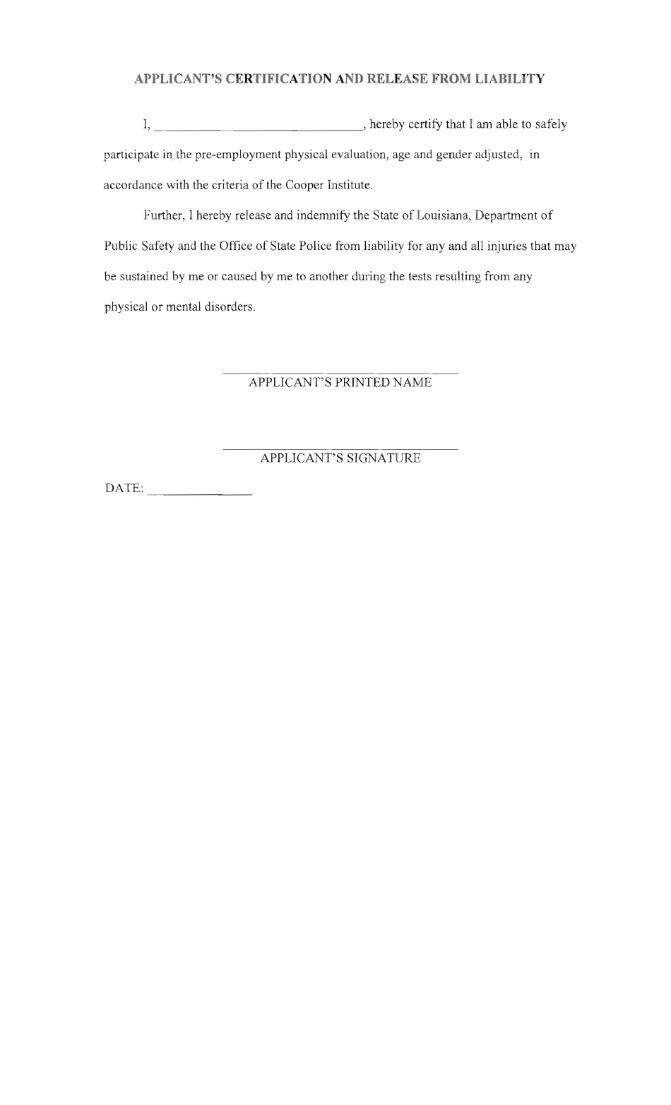 Applicants Certification and Release From Liability - Louisiana, Page 1