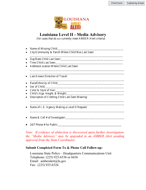 Louisiana Amber Alert Level II - Media Advisory - Louisiana Download Pdf
