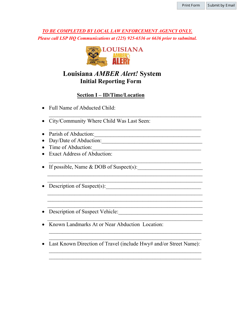 Louisiana Amber Alert System Initial Reporting Form - Louisiana, Page 1