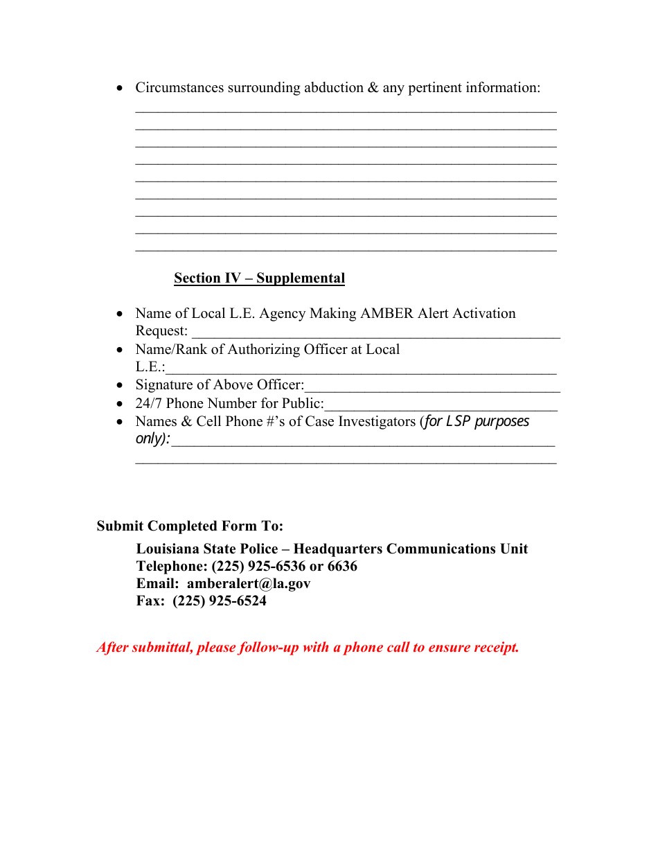 Louisiana Amber Alert System Initial Reporting Form - Louisiana, Page 3