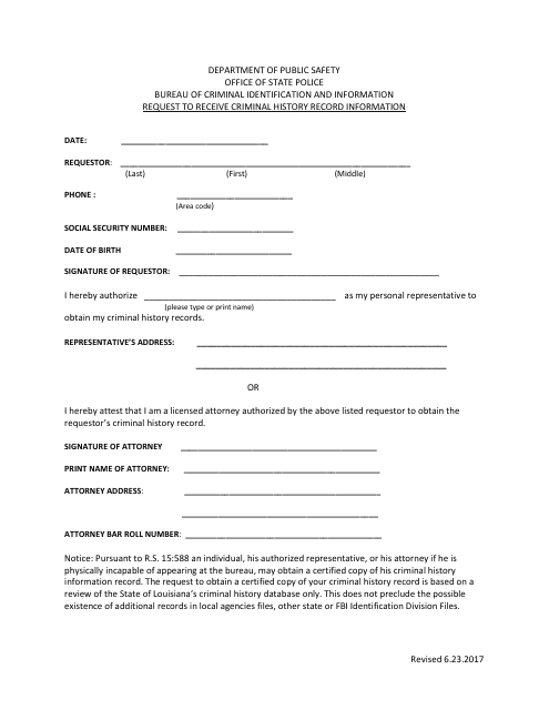 Request to Receive Criminal History Record Information - Louisiana Download Pdf