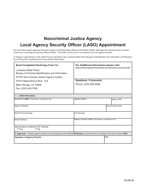 Noncriminal Justice Agency Local Agency Security Officer (Laso) Appointment - Louisiana Download Pdf