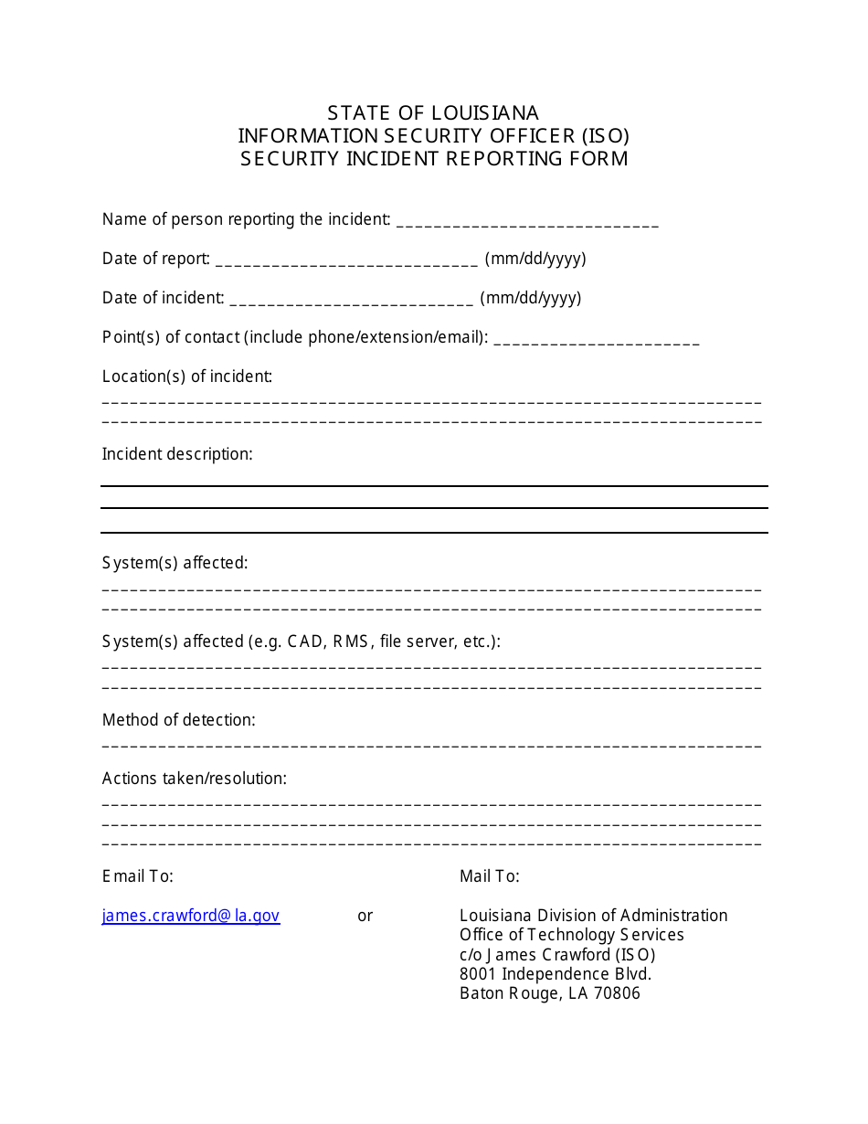 Information Security Officer (Iso) Security Incident Reporting Form - Louisiana, Page 1