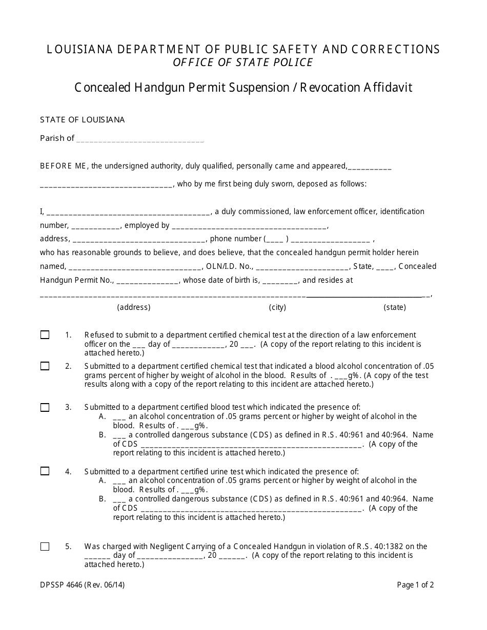 Form DPSSP4646 Concealed Handgun Permit Suspension / Revocation Affidavit - Louisiana, Page 1