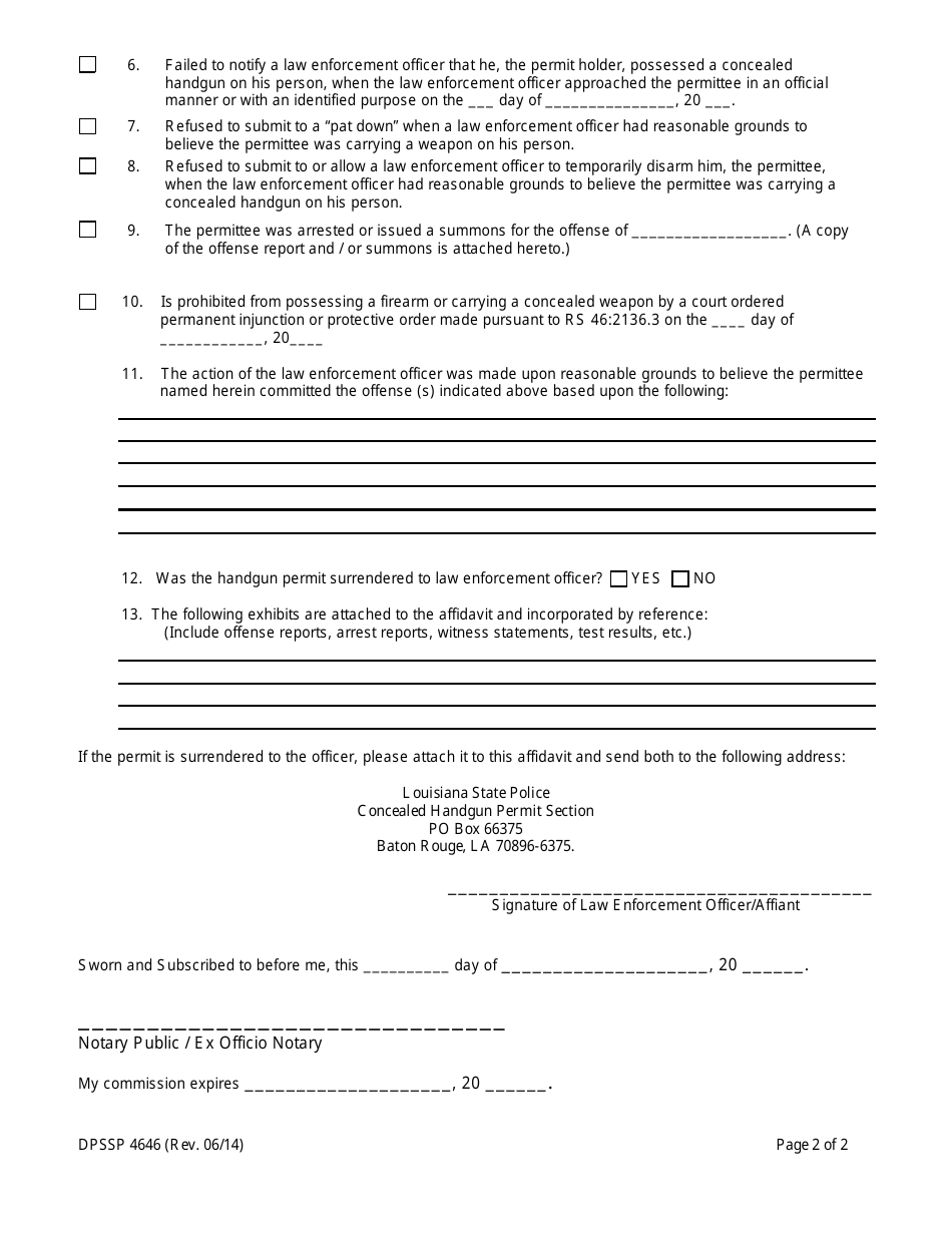 Form DPSSP4646 Concealed Handgun Permit Suspension / Revocation Affidavit - Louisiana, Page 2