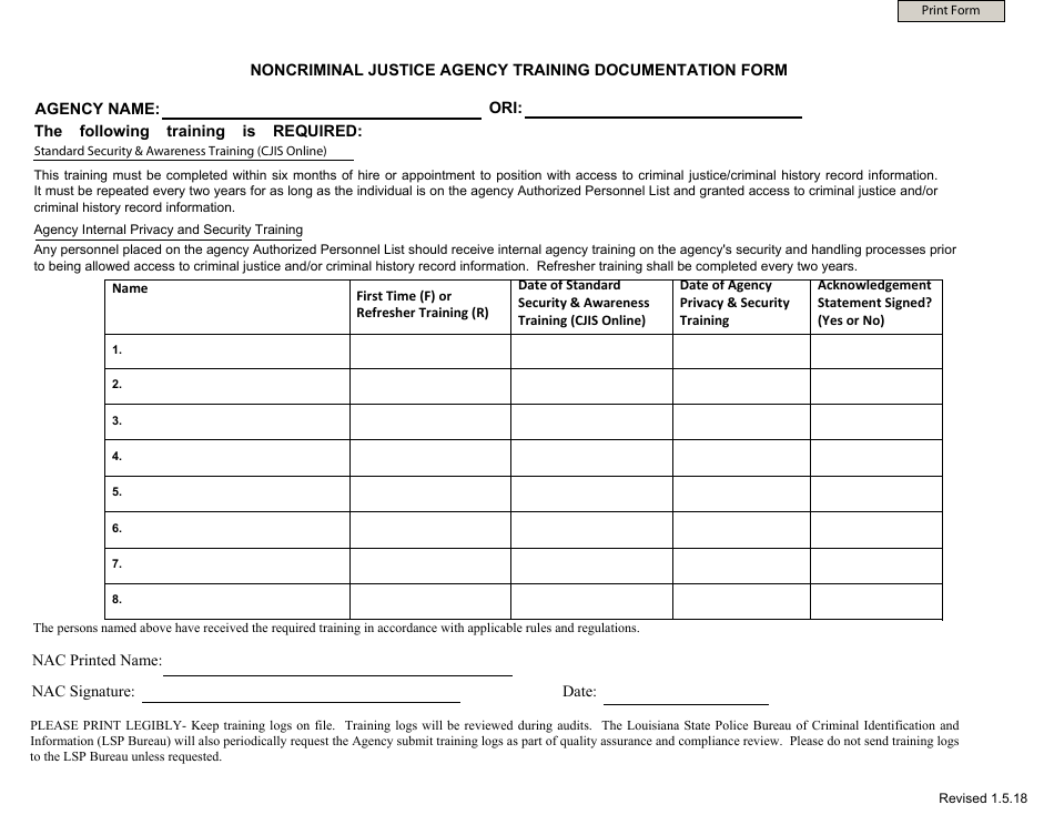 Noncriminal Justice Agency Training Documentation Form - Louisiana, Page 1