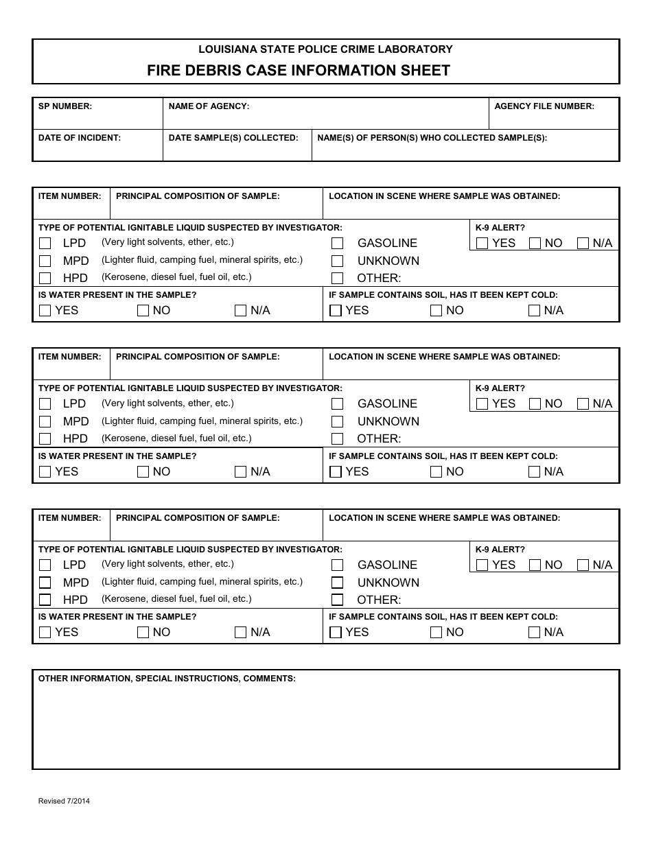 Louisiana Fire Debris Case Information Sheet Fill Out, Sign Online