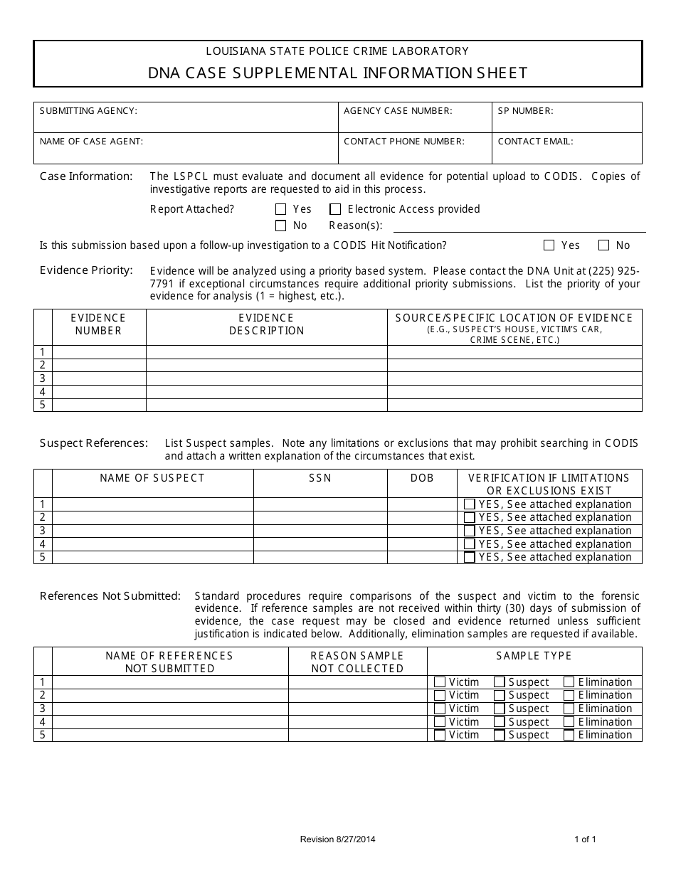 Dna Case Supplemental Information Sheet - Louisiana, Page 1