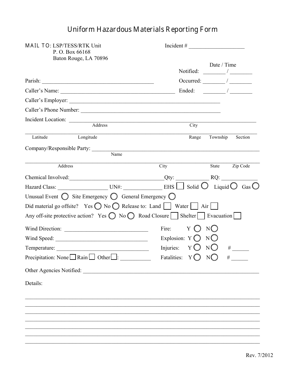 Louisiana Uniform Hazardous Materials Reporting Form Fill Out, Sign