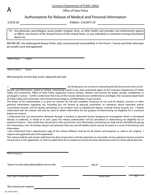 Form A Authorization for Release of Medical and Personal Information - Louisiana