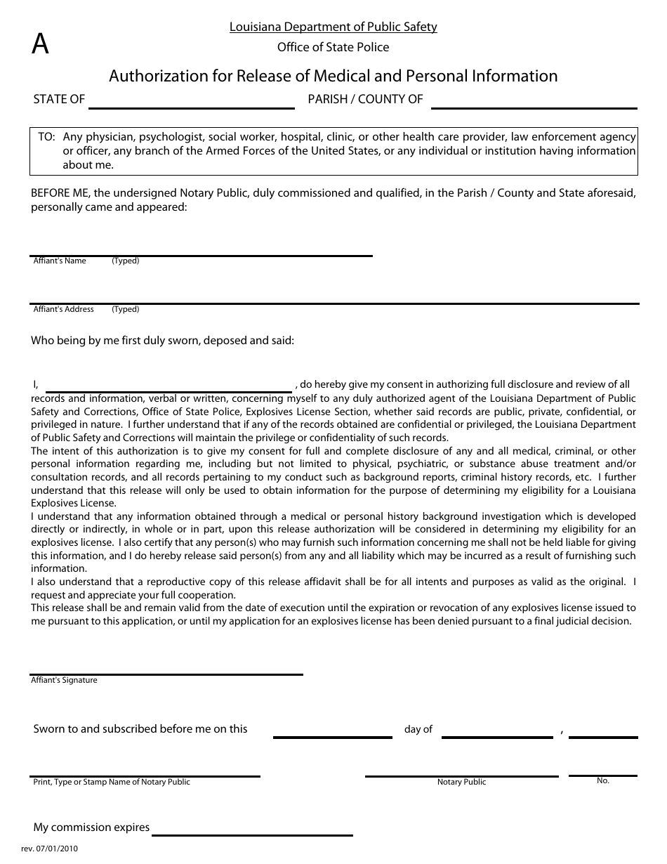 Form A Authorization for Release of Medical and Personal Information - Louisiana, Page 1