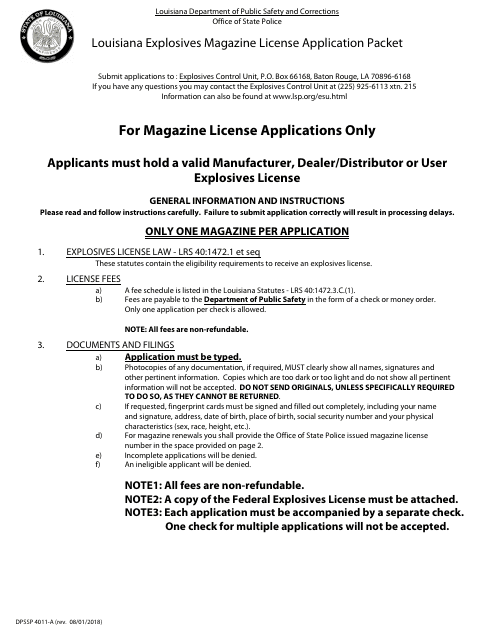 Form DPSSP4011-A Explosives Magazine License Application - Louisiana