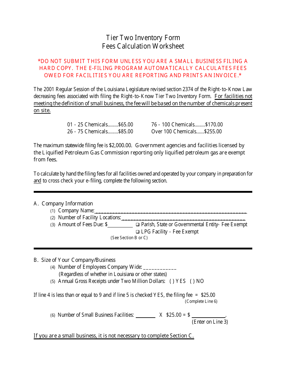 Tier Two Inventory Form Fees Calculation Worksheet - Louisiana, Page 1