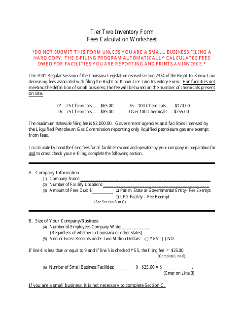 Tier Two Inventory Form Fees Calculation Worksheet - Louisiana