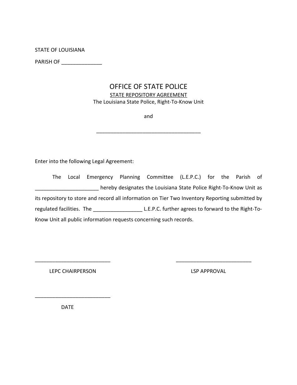 State Repository Agreement Form - Louisiana, Page 1