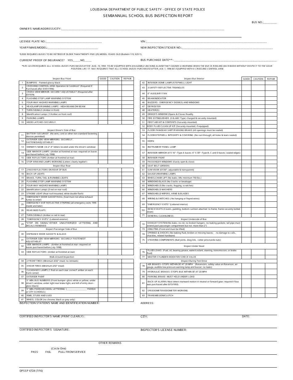 Form DPSSP6724 Semiannual School Bus Inspection Report - Louisiana, Page 1