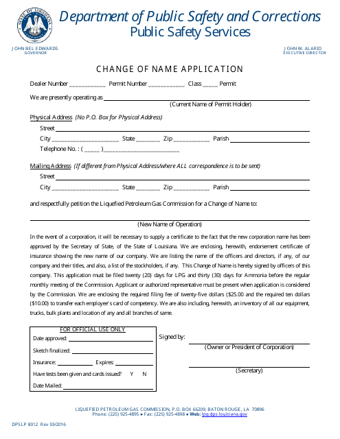 Form DPSLP8012 Change of Name Application - Louisiana