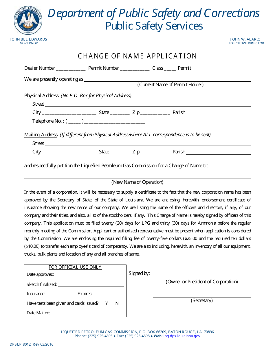 Form DPSLP8012 Change of Name Application - Louisiana, Page 1