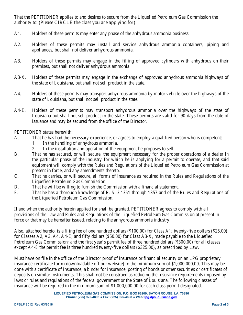 Form DPSLP8012 Application for Anhydrous Ammonia Permit - Louisiana, Page 2