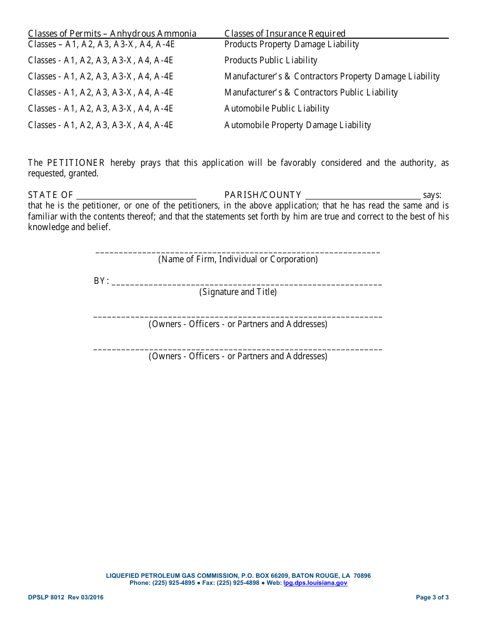 Form DPSLP8012 Application for Anhydrous Ammonia Permit - Louisiana, Page 3