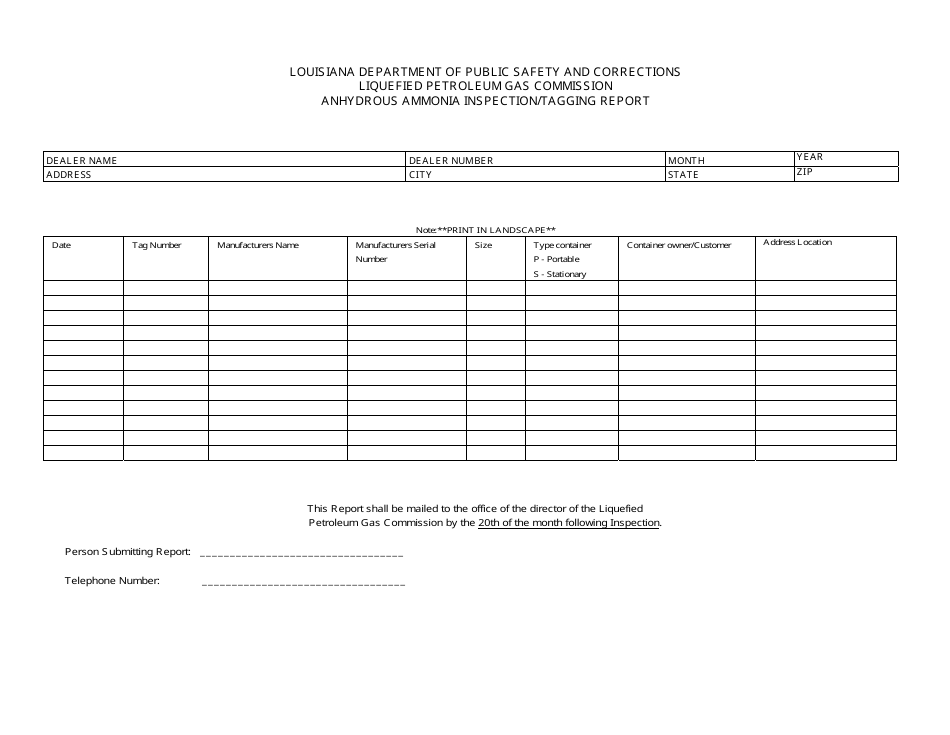 Anhydrous Ammonia Inspection / Tagging Report Form - Louisiana, Page 1