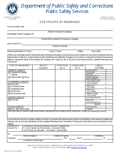 Form DPSLP COI Certificate of Insurance - Louisiana