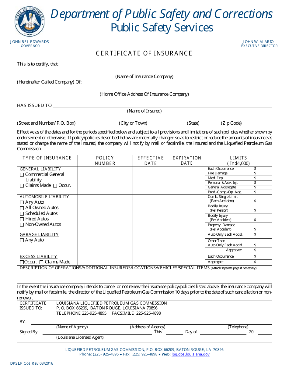 Form DPSLP COI Certificate of Insurance - Louisiana, Page 1