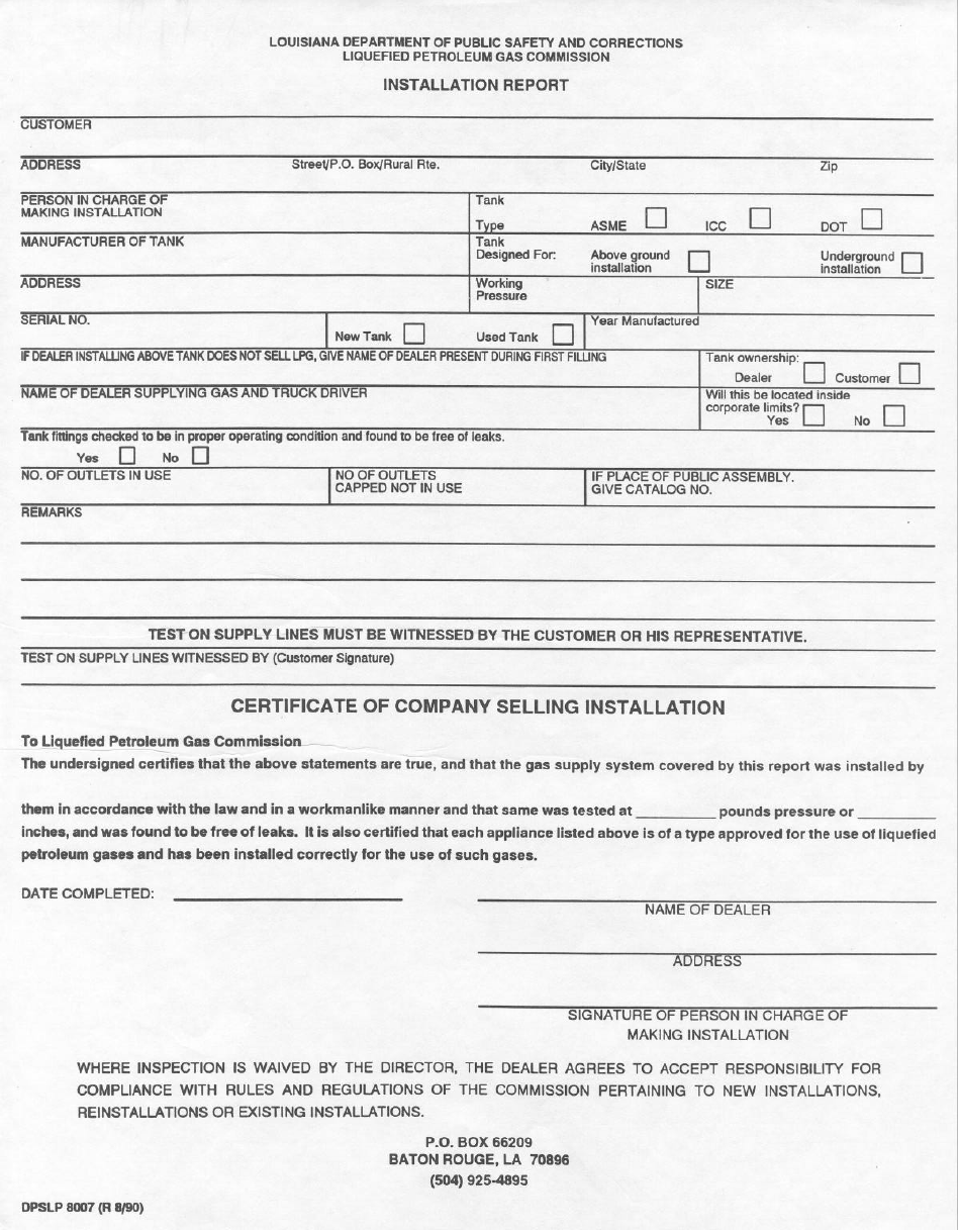 Form DPSLP8007 Installation Report - Domestic, P.a., and Bulk - Louisiana, Page 1