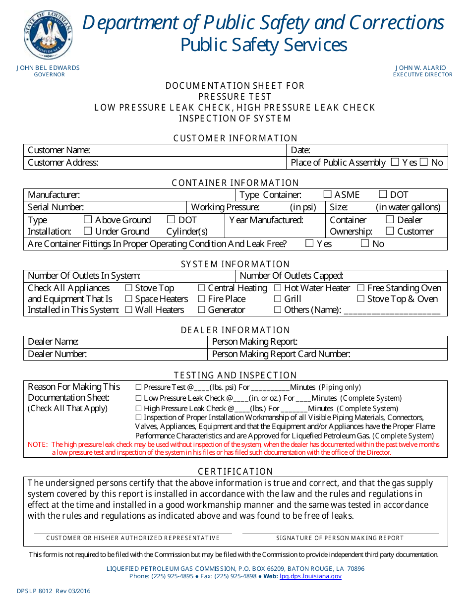 Form DPSLP8012 Documentation Sheet for Pressure Test, Low Pressure Leak Check, High Pressure Leak Check, Inspection of System - Louisiana, Page 1