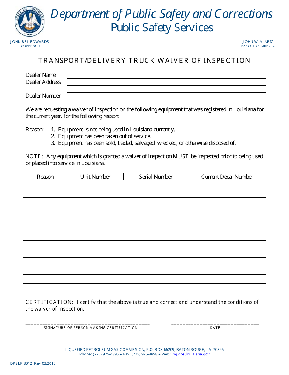 Form DPSLP8012 Transport / Delivery Truck Waiver of Inspection - Louisiana, Page 1