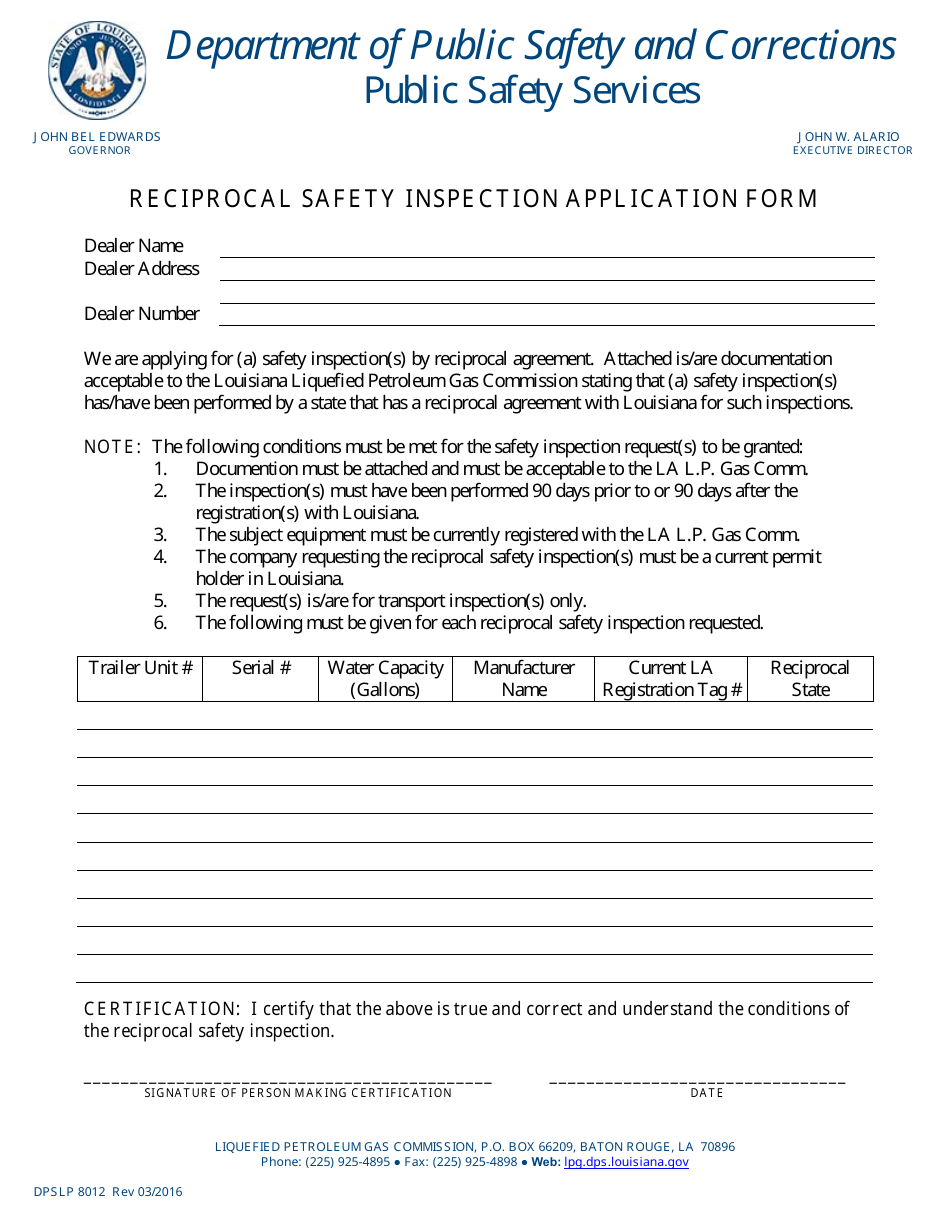 Form DPSLP8012 Reciprocal Safety Inspection Application Form - Louisiana, Page 1