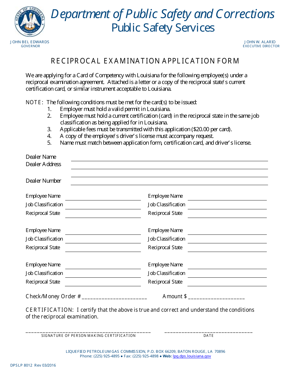 Form DPSLP8012 Reciprocal Examination Application Form - Louisiana, Page 1