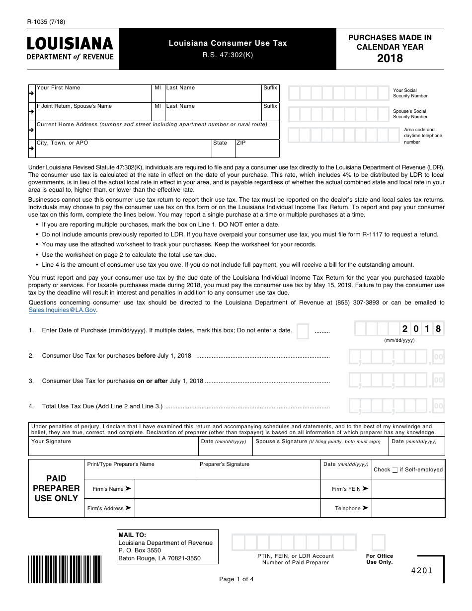 Form R-1035 Louisiana Consumer Use Tax - Louisiana, Page 1