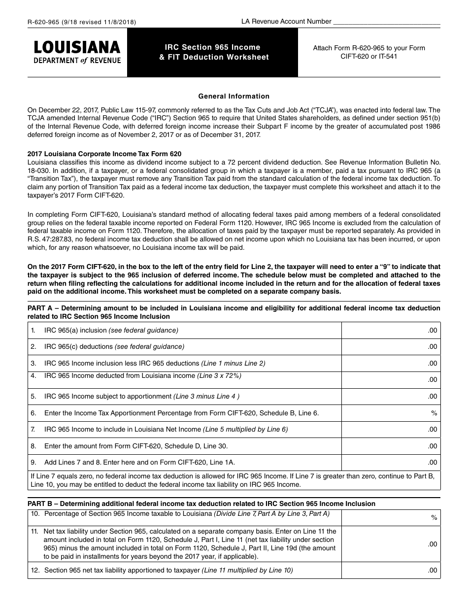 Form R-620-965 IRC Section 965 Income  Fit Deduction Worksheet - Louisiana, Page 1