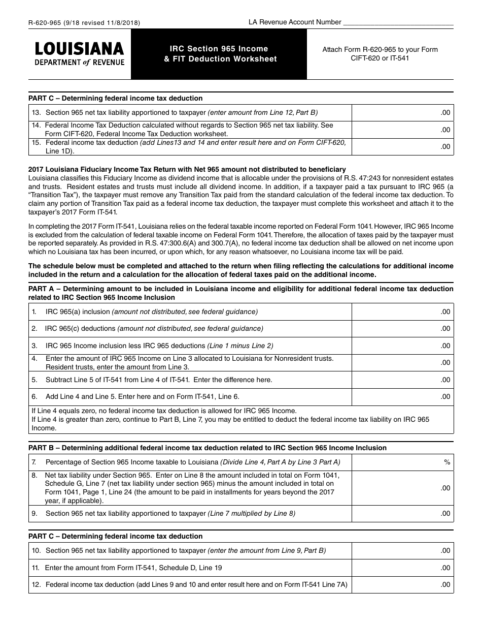 Form R-620-965 IRC Section 965 Income  Fit Deduction Worksheet - Louisiana, Page 2