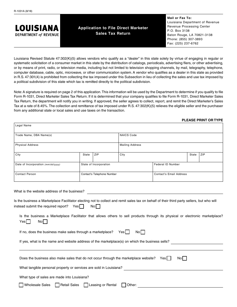 Form R-1031A Application to File Direct Marketer Sales Tax Return - Louisiana, Page 1