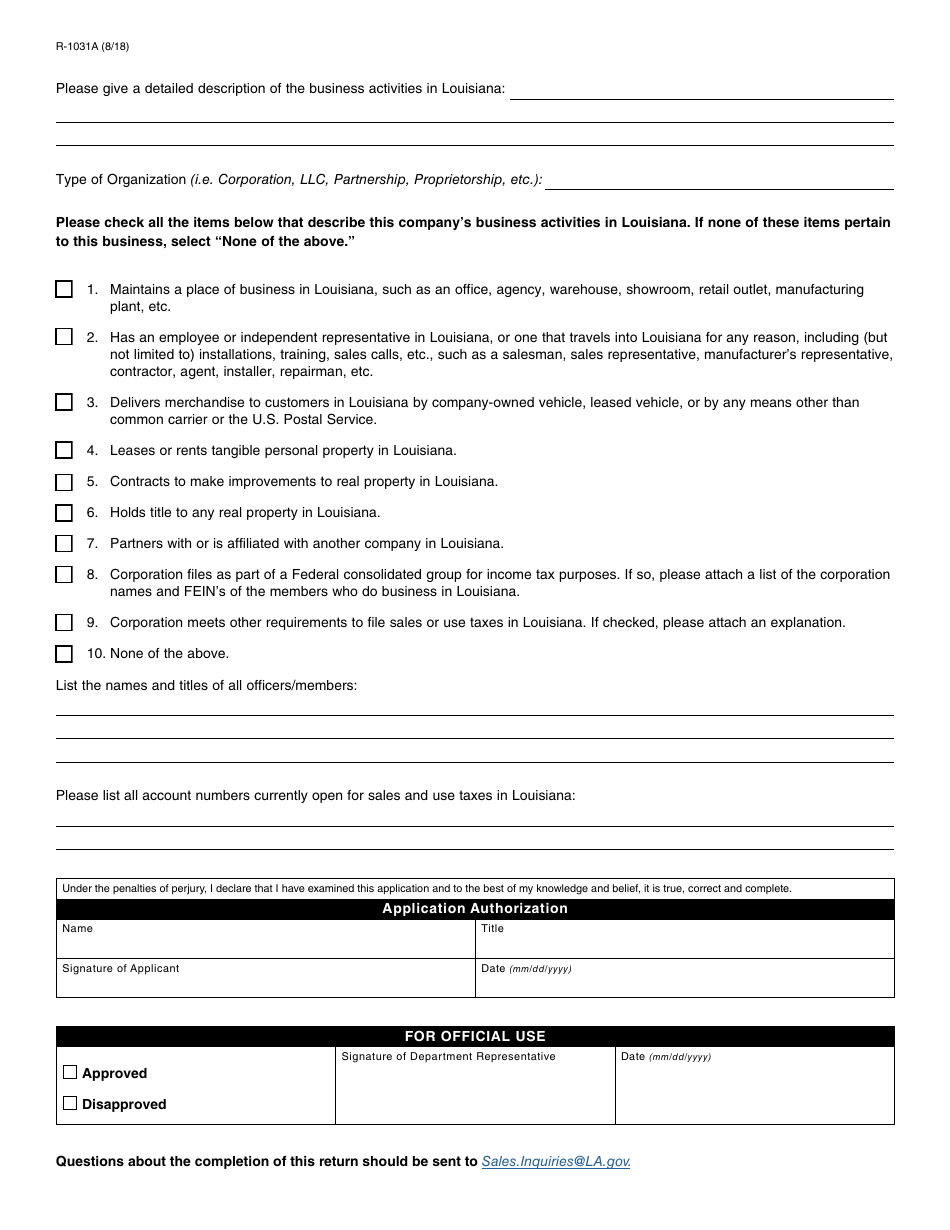 Form R-1031A Application to File Direct Marketer Sales Tax Return - Louisiana, Page 2