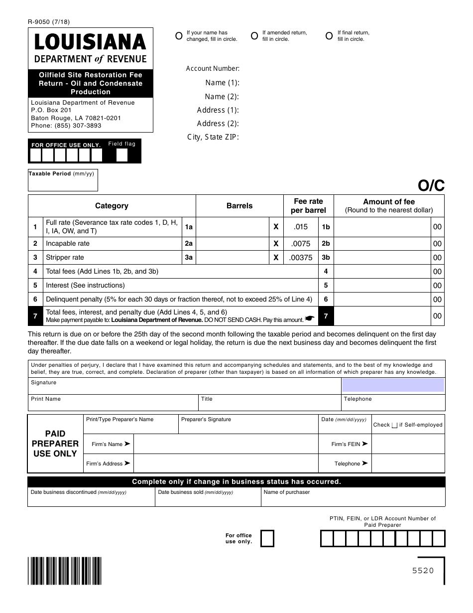 Form R-9050 Oilfield Site Restoration Fee Return - Oil and Condensate Production - Louisiana, Page 1