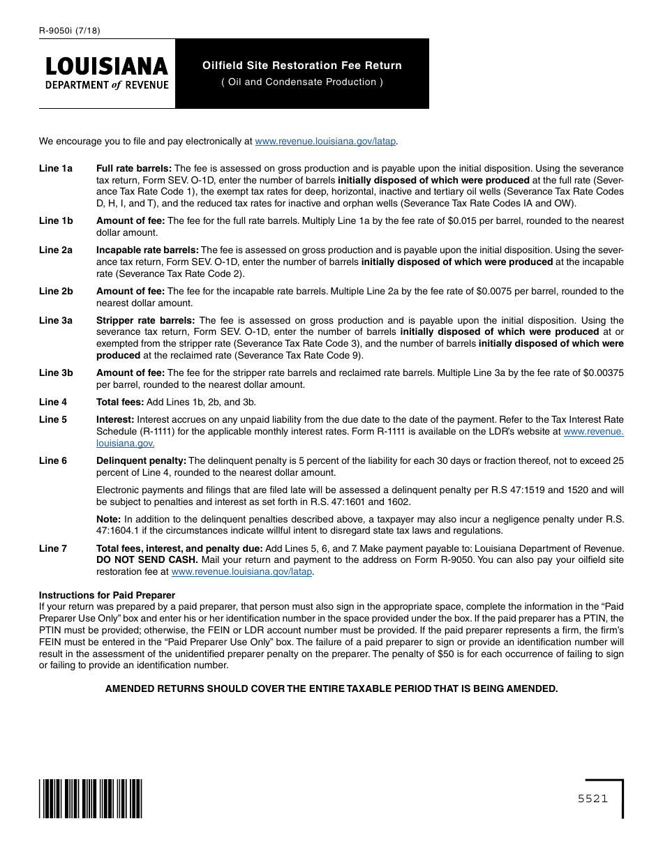 Instructions for Form R-9050 Oilfield Site Restoration Fee Return - Oil and Condensate Production - Louisiana, Page 1