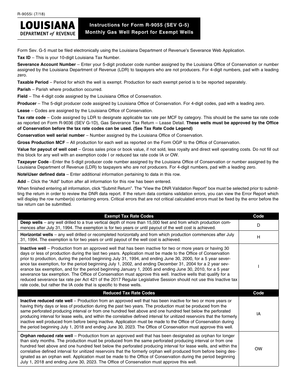 Instructions for Form R-9055, SEV G-5 Monthly Gas Well Report for Exempt Wells - Louisiana, Page 1