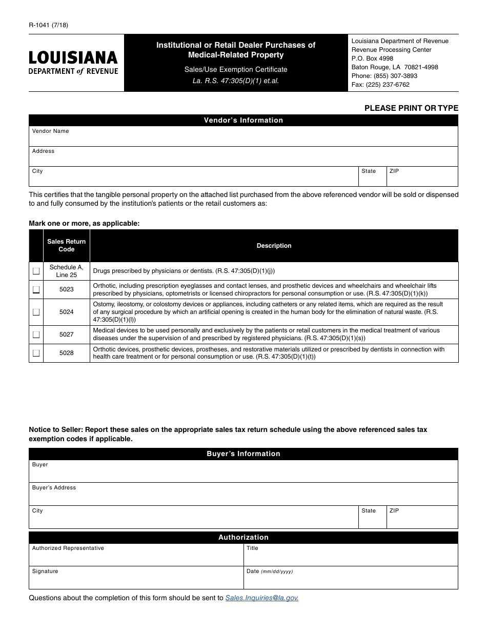 Form R-1041 Institutional or Retail Dealer Purchases of Medical-Related Property Sales / Use Exemption Certificate - Louisiana, Page 1
