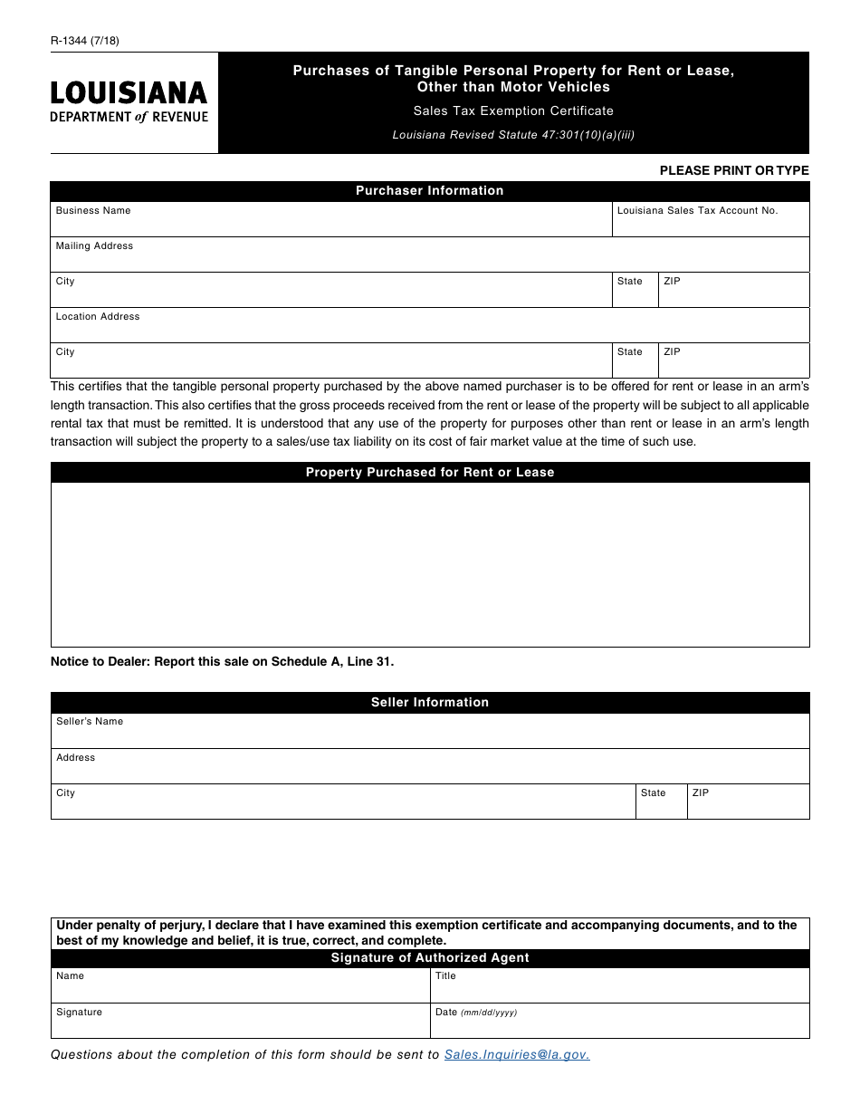 Form R-1344 Purchases of Tangible Personal Property for Rent or Lease, Other Than Motor Vehicles Sales Tax Exemption Certificate - Louisiana, Page 1