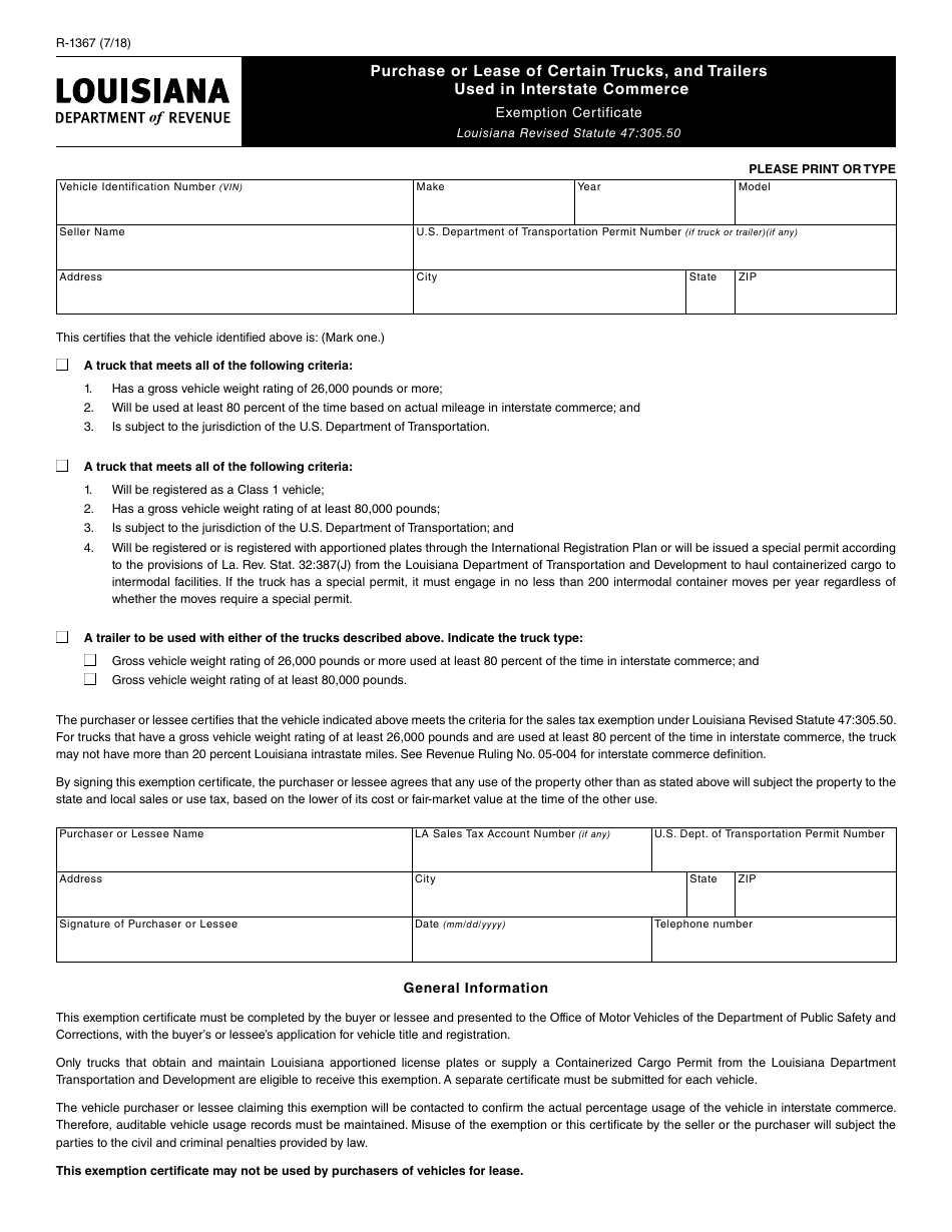 Form R-1367 Exemption Certificate for Purchase or Lease of Certain Trucks, and Trailers Used in Interstate Commerce - Louisiana, Page 1