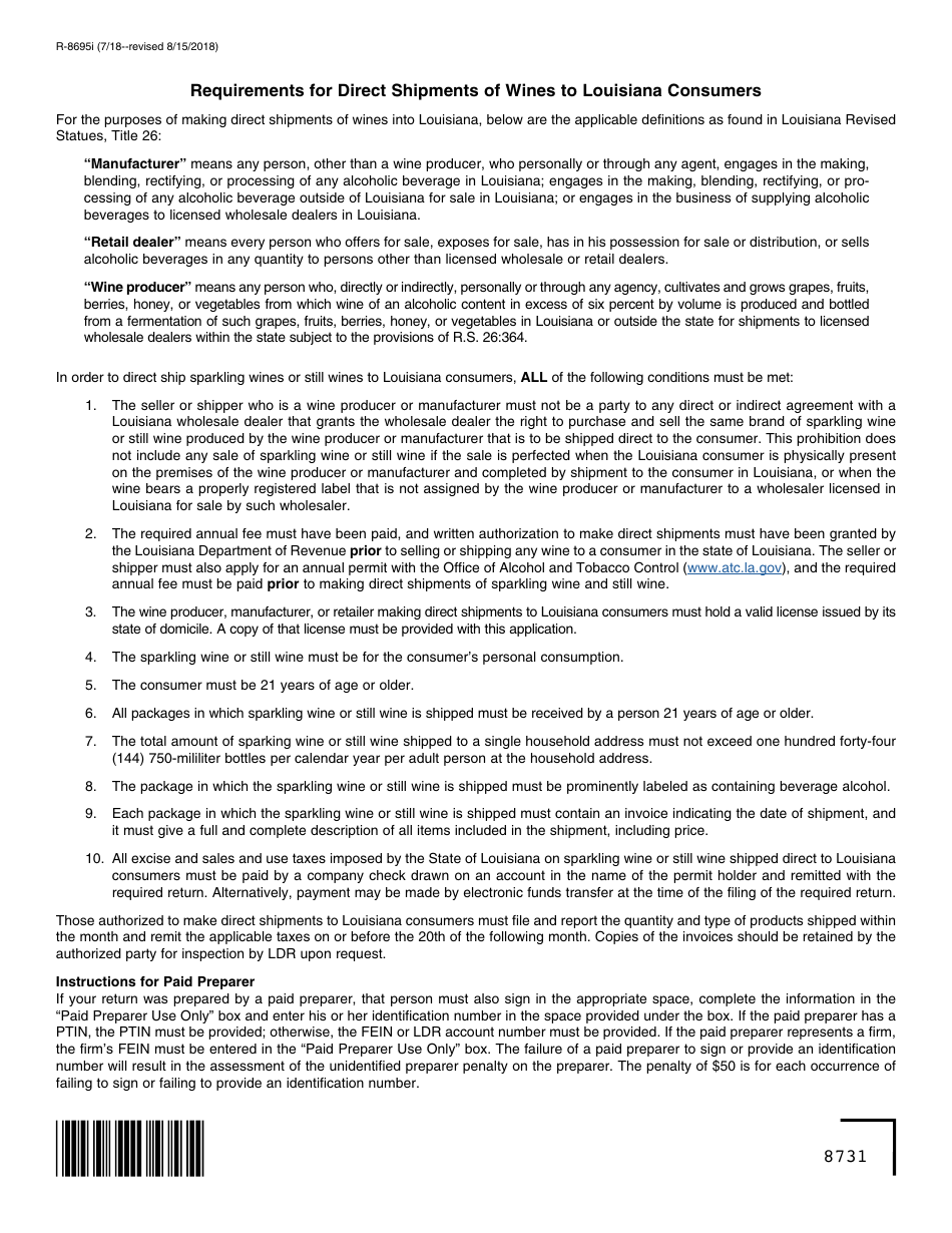 Form R-8695 Application for Authority to Make Direct Shipments of Wines to Louisiana Consumers - Louisiana, Page 2