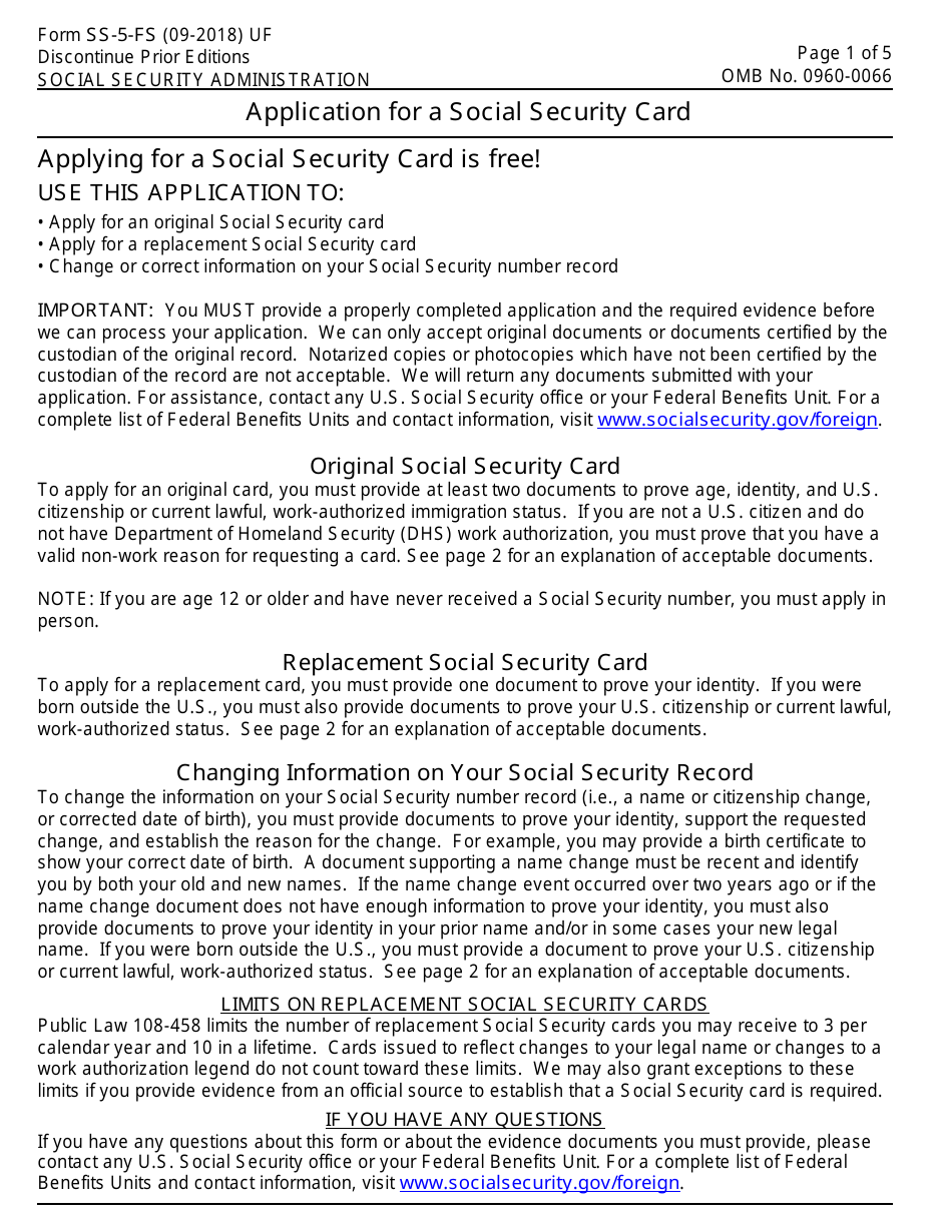Form SS-5-FS Application for a Social Security Card, Page 1