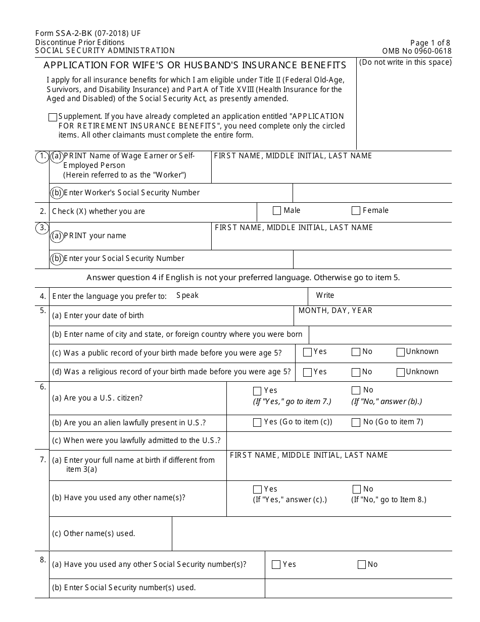 Form SSA-2-BK Application for Wifes or Husbands Insurance Benefits, Page 1